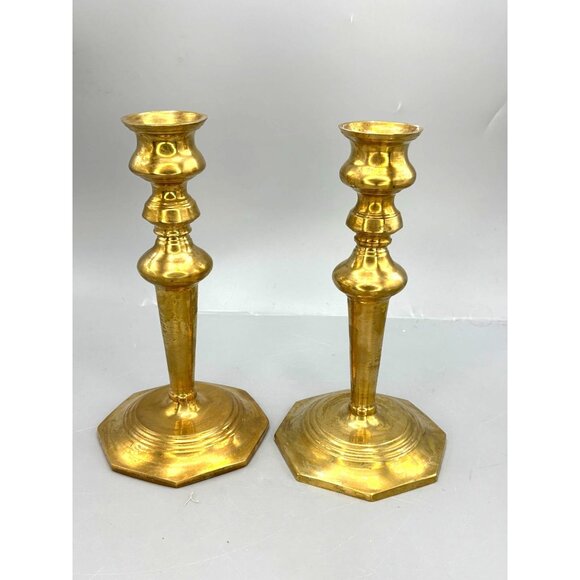 Vintage Brass Candlesticks Octagonal Base 9.5"H - Picture 1 of 5
